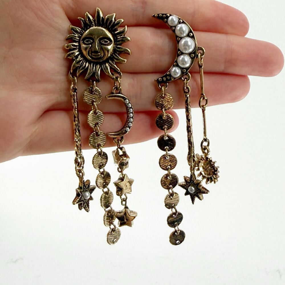 Celestial Sun Moon Pearl Dangle Earrings Boho Star Chain Statement Jewelry